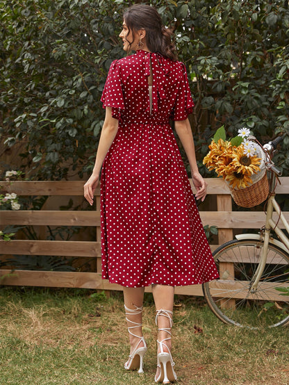 Fashionable and comfortable short sleeved polka dot chiffon maternity dress with straps - Plus Size Clothing