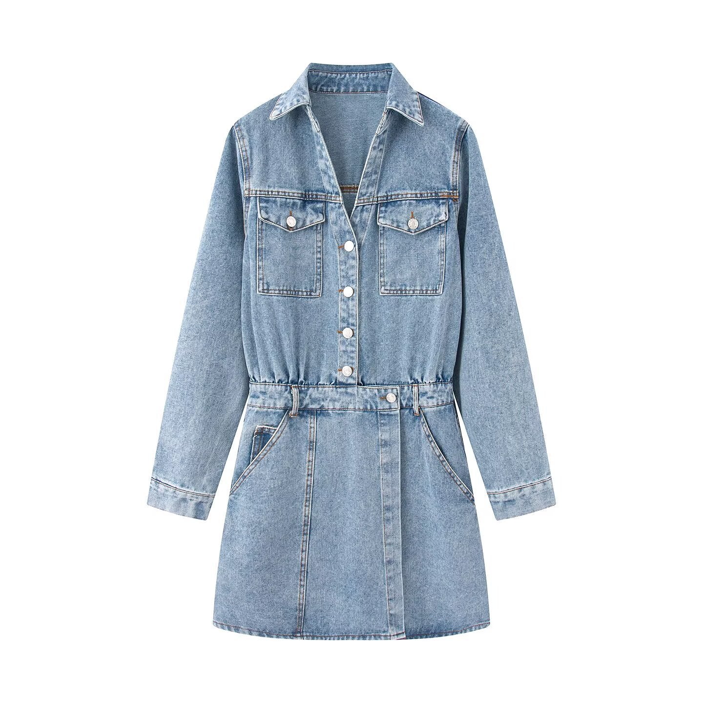 Plus Size Long Sleeve Polo Denim Dress