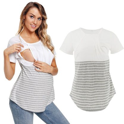 European and American fashion round neck short sleeved breastfeeding T-shirt with striped patchwork parent-child maternity wear - Plus Size Clothing