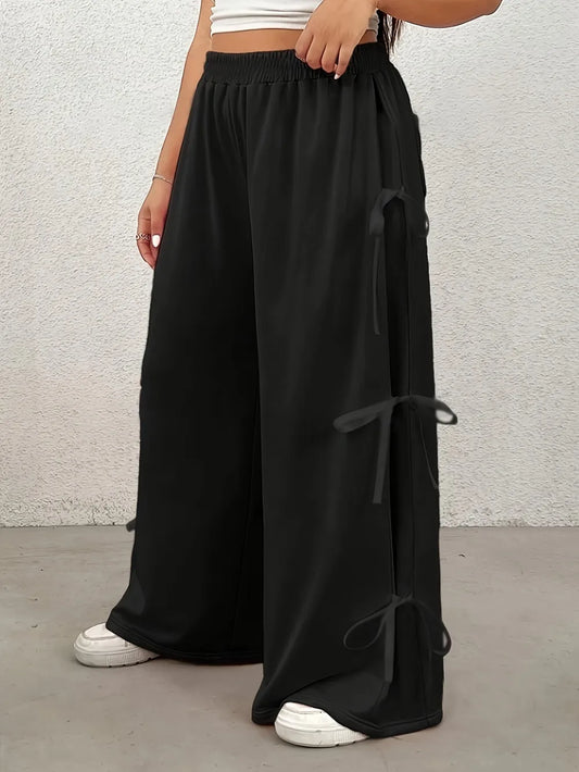 Plus Size Bow Elastic Waist Wide Leg Pants - Plus Size Clothing