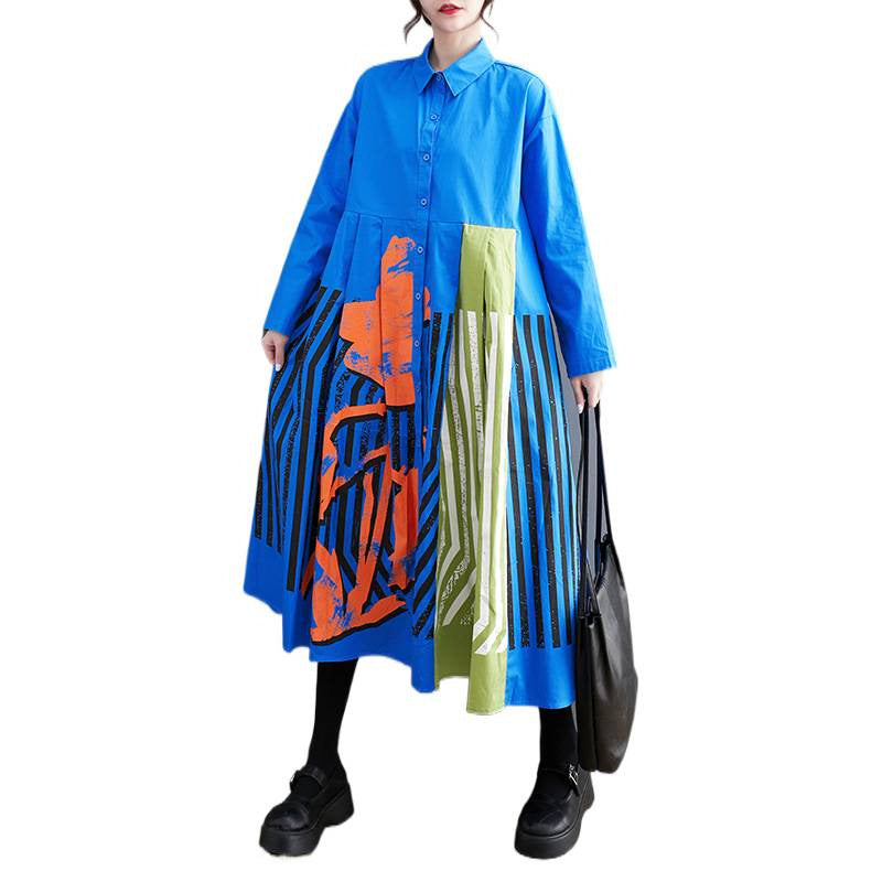 Plus Size Casual Loose Printed Patchwork Long Sleeve Dress