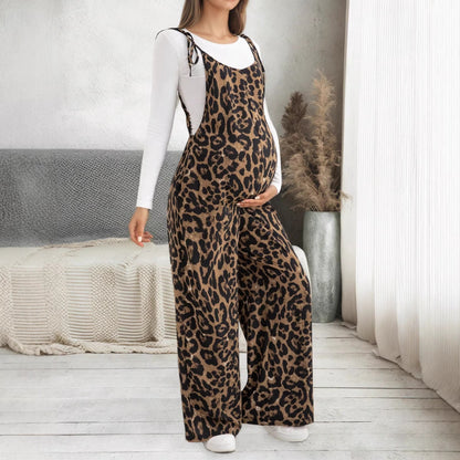 maternity wear leopard print overalls adjustable shoulder straps wide-leg pants - Plus Size Clothing
