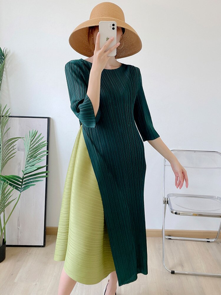 Plus Size Pleated Colorblock Summer Dress