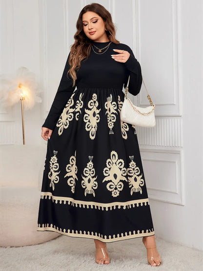 Plus Size Printed Mock Neck Midi Dress
