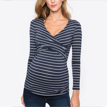 Autumn new V-neck long sleeved striped maternity postpartum clothing breastfeeding T-shirt - Plus Size Clothing