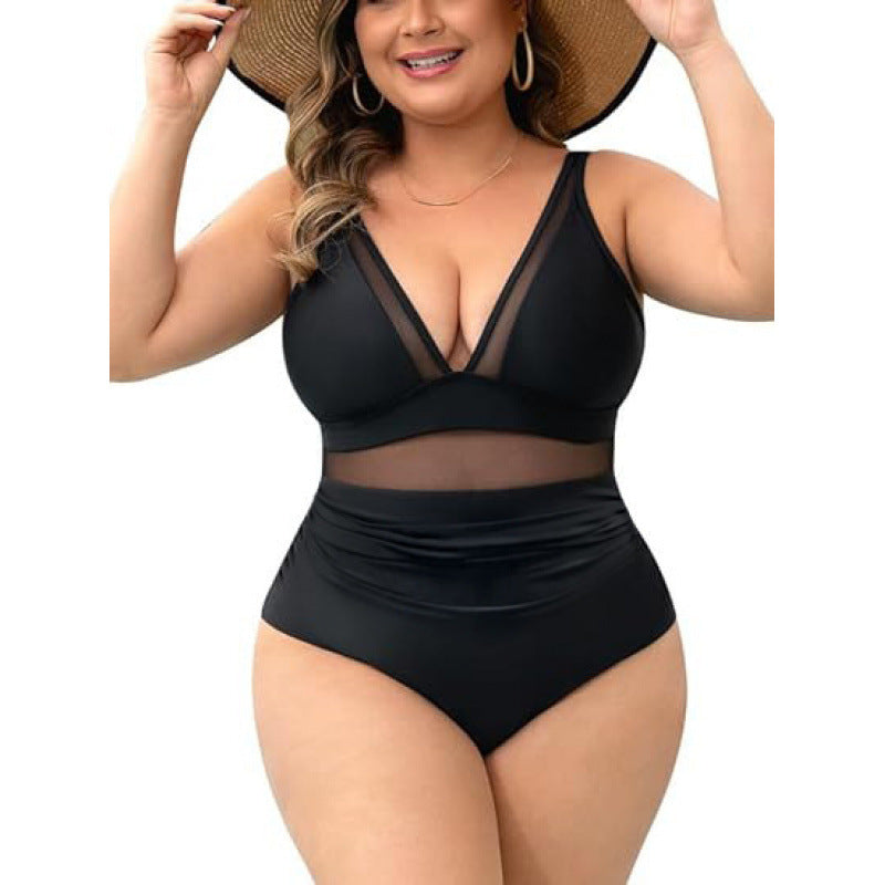 Plus Size Black One-Piece Swimsuit Mesh