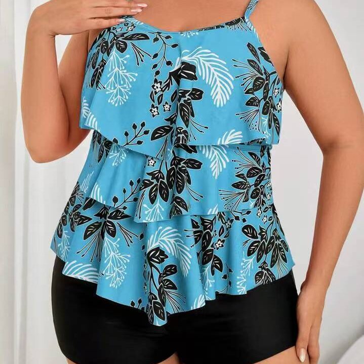 Plus Size Floral Tankini with Ruffled Trim
