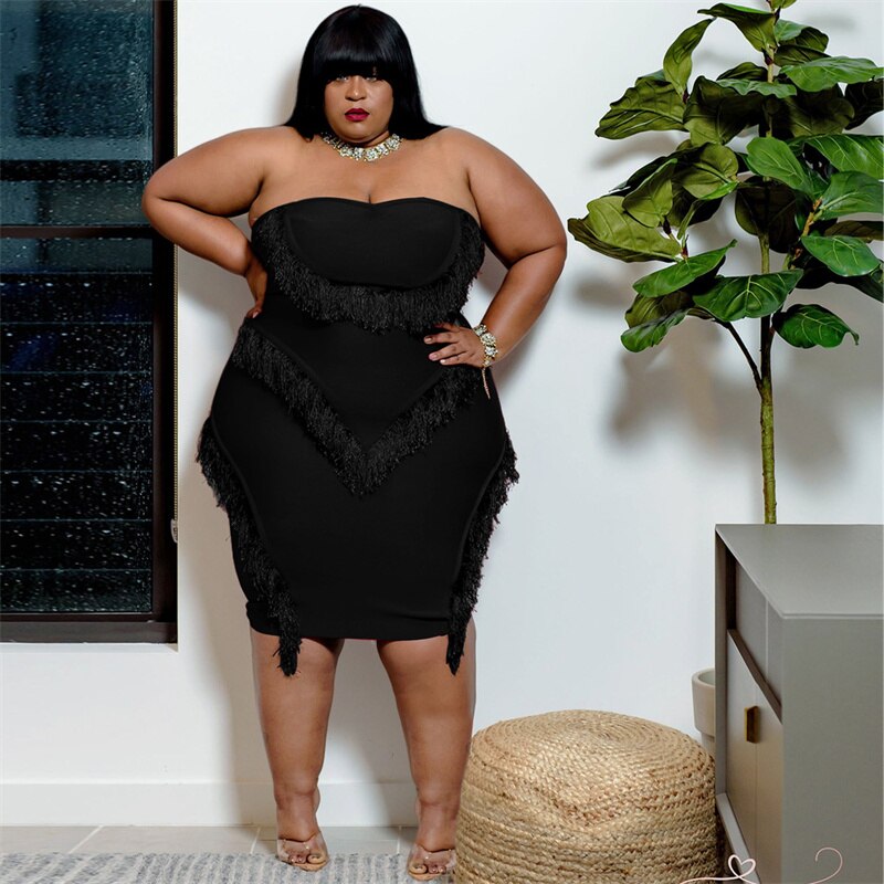 Plus Size Sexy Black Tube Top Fringed Strapless Dress