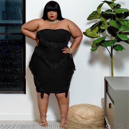 Plus Size Sexy Black Tube Top Fringed Strapless Dress - Plus Size Clothing