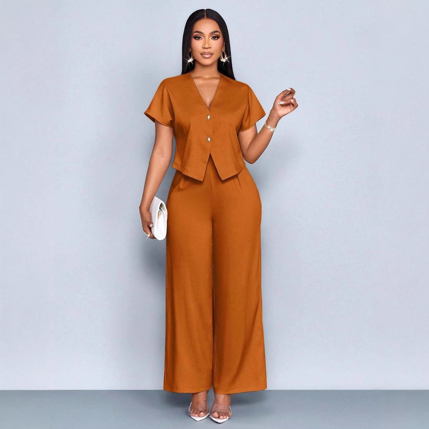 Summer Short Sleeve V-Neck Irregular Cardigan Straight Leg Wide Leg Pants Plus Size Casual Two-Piece Set