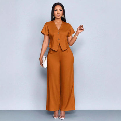 Plus Size V-Neck Cardigan Wide Leg Pants Two-Piece Set