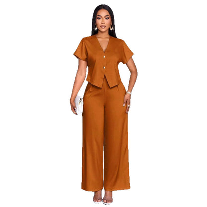 Plus Size V-Neck Cardigan Wide Leg Pants Two-Piece Set