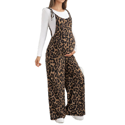 maternity wear leopard print overalls adjustable shoulder straps wide-leg pants - Plus Size Clothing