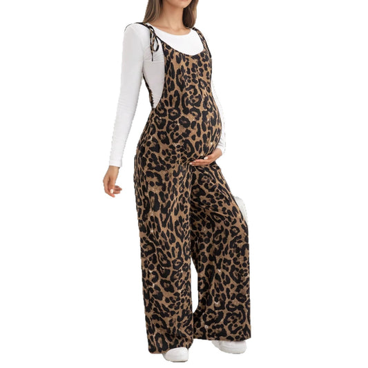 maternity wear leopard print overalls adjustable shoulder straps wide-leg pants - Plus Size Clothing