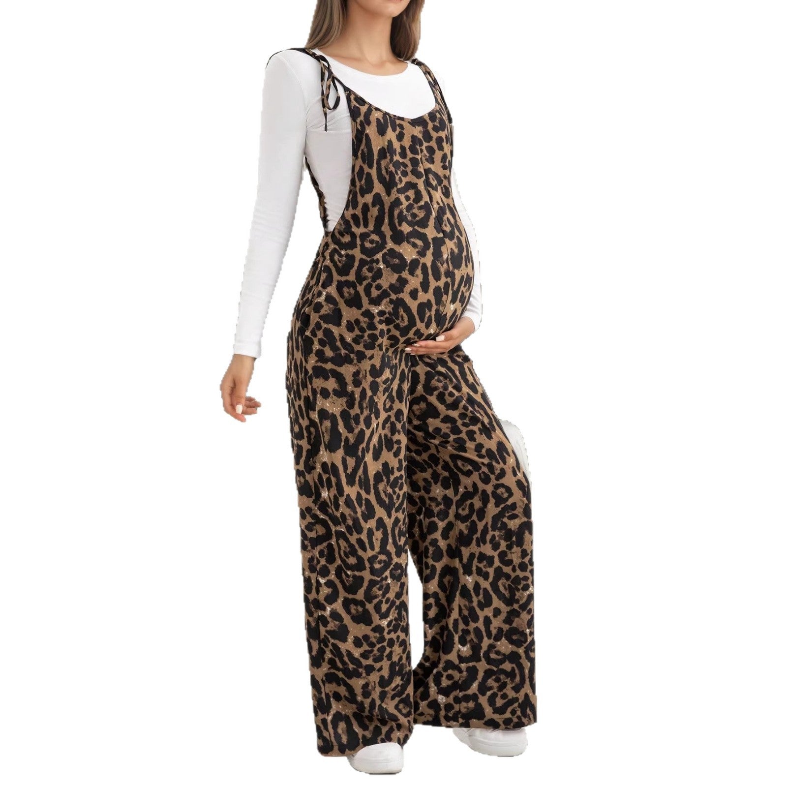 maternity wear leopard print overalls adjustable shoulder straps wide-leg pants - Plus Size Clothing