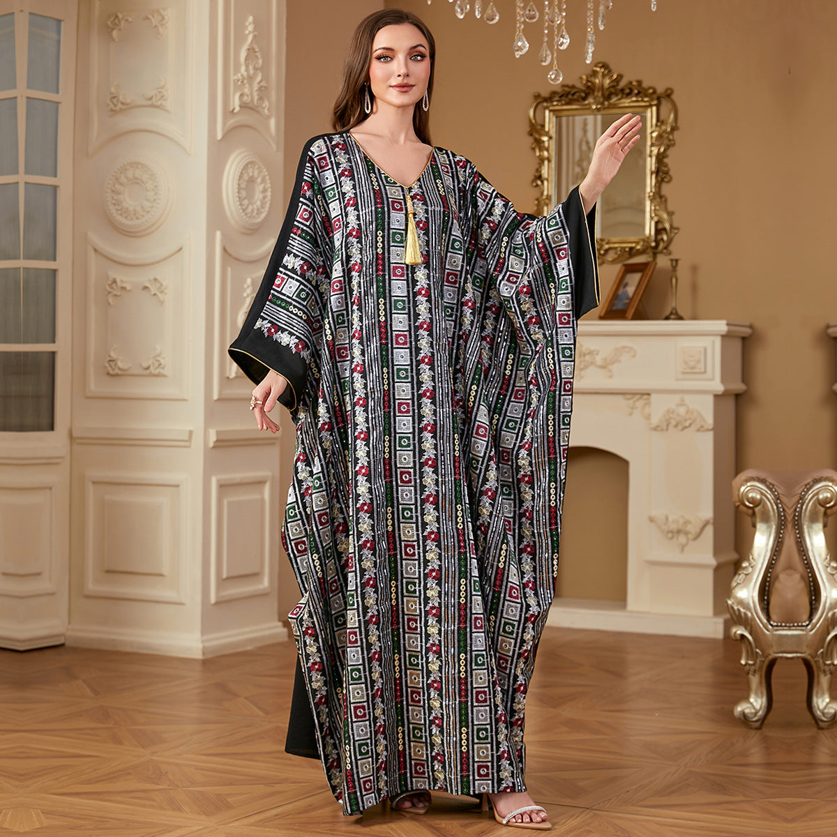 Plus Size Long Dress Batwing Sleeve Embroidered