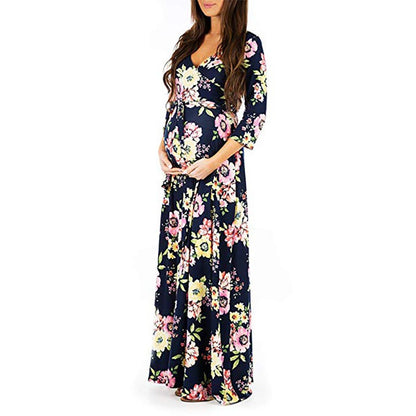 Cross deep V-neck waistband, waist cinched, 3/4 sleeves, floor mopping maternity dress, long dress - Plus Size Clothing