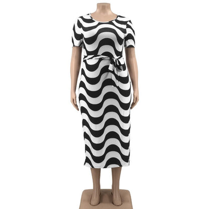 Plus Size Short Sleeve Striped Bandage Bodycon Dress - Plus Size Clothing