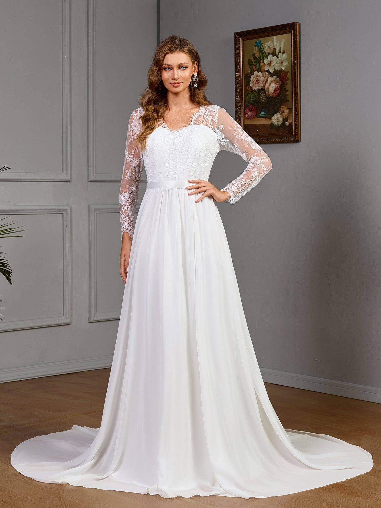 Plus Size Lace Long Sleeve Wedding Bridal Dress