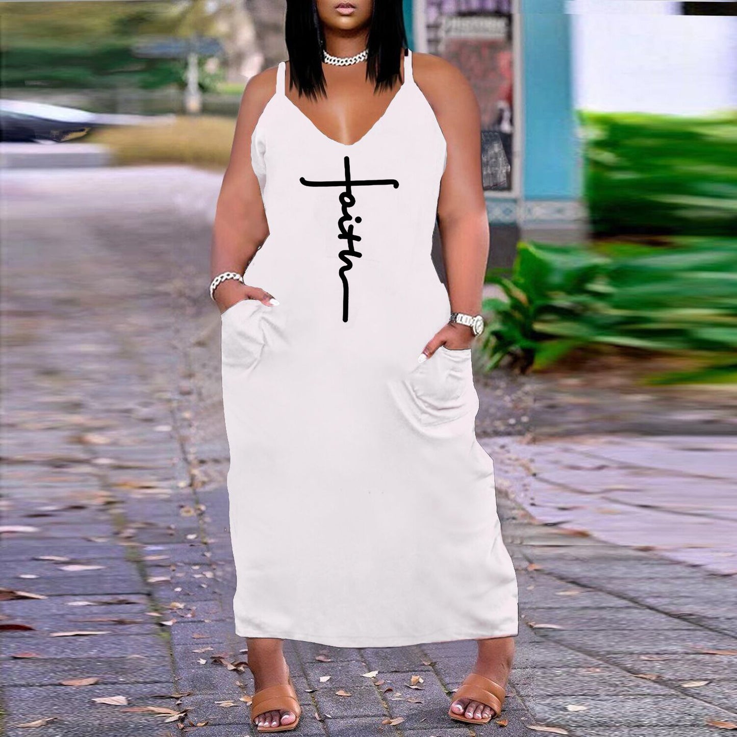 Plus Size Printed Loose Suspender Dress Outfit