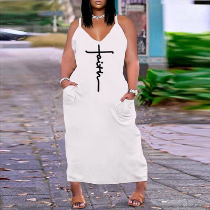 Plus Size Printed Loose Suspender Dress Outfit