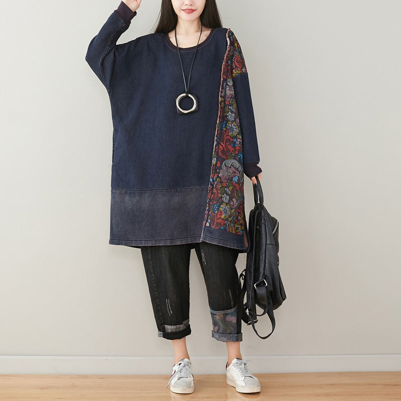 Plus Size Printed Knit Denim Mid-Length Sweater Dress