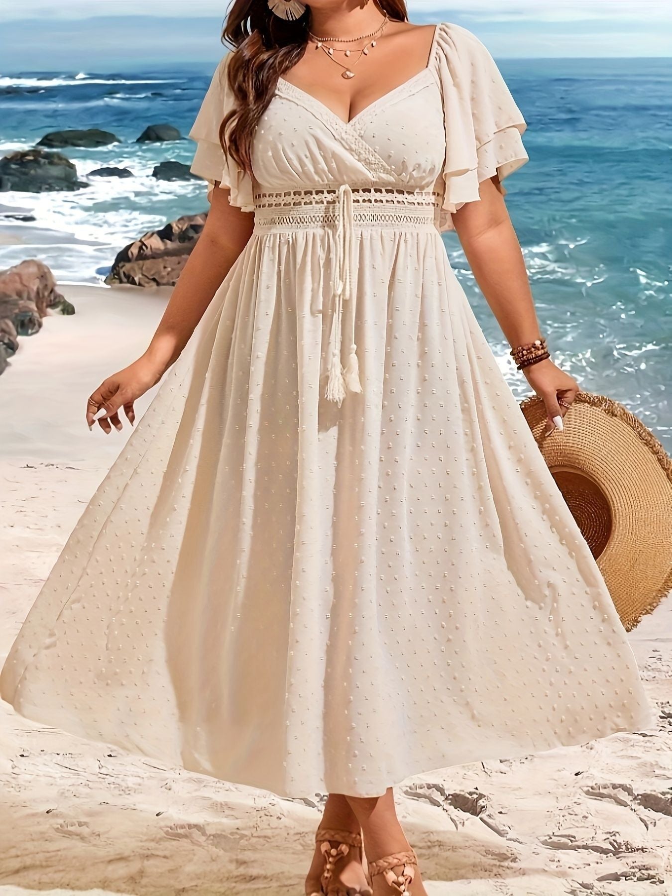 Plus Size Elegant V-Neck Long Sleeve Waist-Cinching Dress