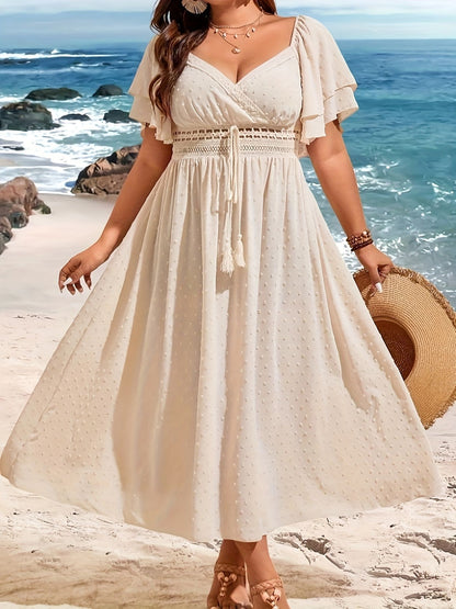 Plus Size Elegant V-Neck Long Sleeve Waist-Cinching Dress