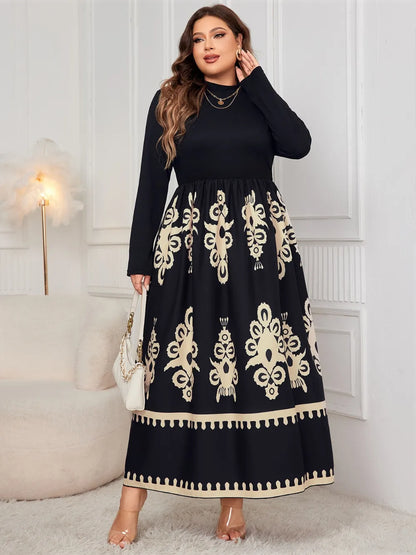 Plus Size Printed Mock Neck Midi Dress