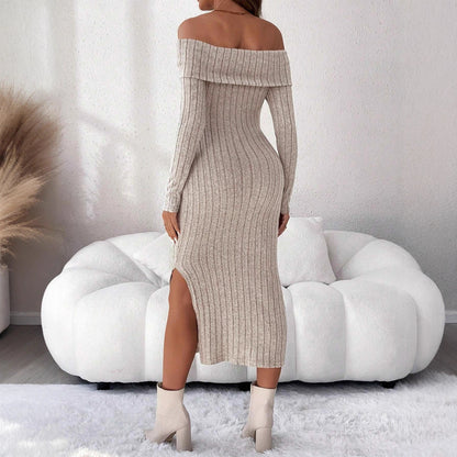 One-Shoulder Off-Shoulder, Fitted Bodycon Long Sleeve Knit Maternity Dress - Plus Size Clothing