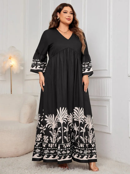 Plus Size Printed V-Neck Long Sleeve Maxi Dress - Plus Size Clothing
