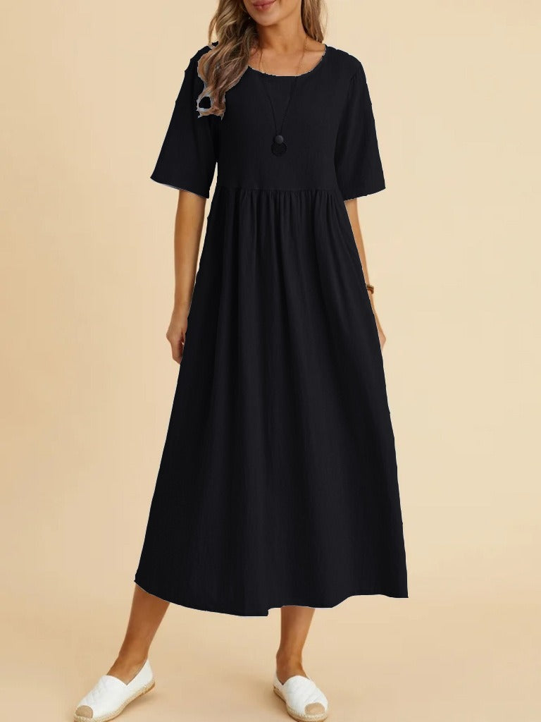 Plus Size Cotton Linen Round Neck Midi Dress