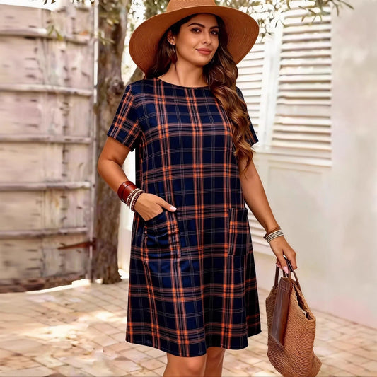 Plus Size Short Sleeve Plaid Casual Dress