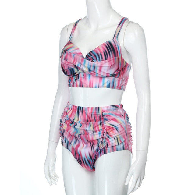 Plus Size High Waist Flower Print Bikini Set