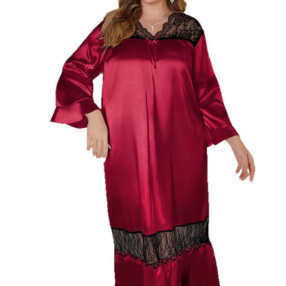 Plus Size Summer Long Sleeve Lace Nightgown — front view