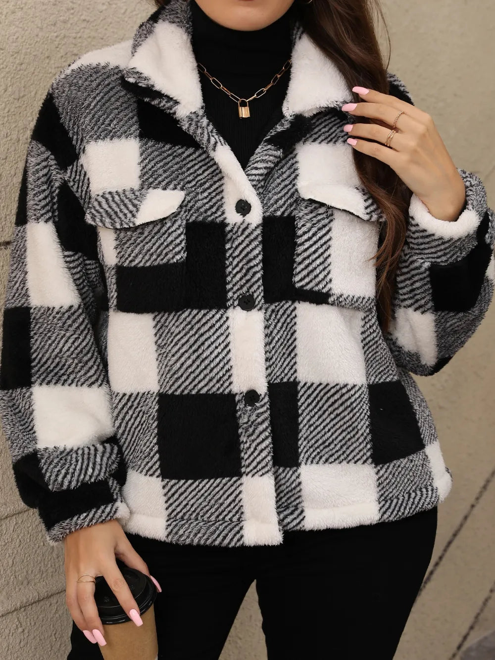 Plus Size Pocketed Plaid Collared Jacket