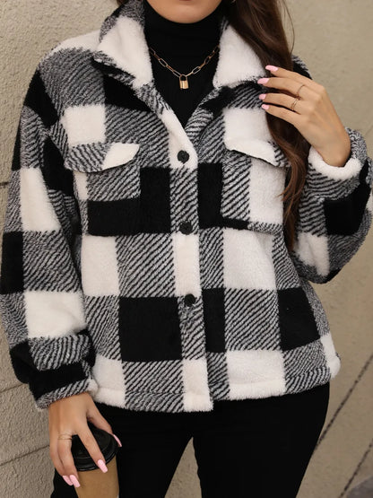 Plus Size Pocketed Plaid Collared Jacket