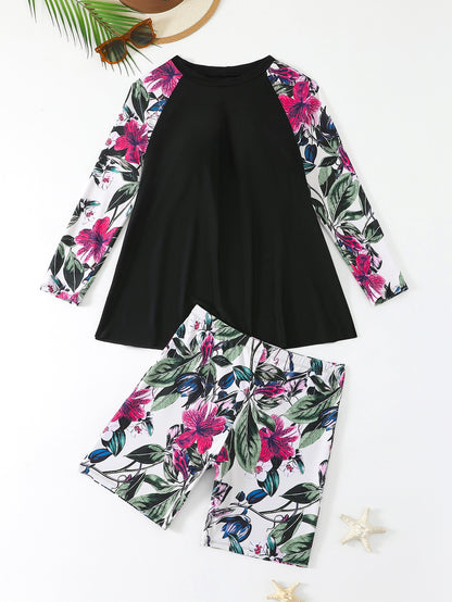 Plus Size Two-Piece Tankini Long Sleeve Swimwear - Plus Size Clothing
