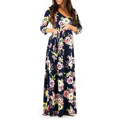 Cross deep V-neck waistband, waist cinched, 3/4 sleeves, floor mopping maternity dress, long dress - Plus Size Clothing