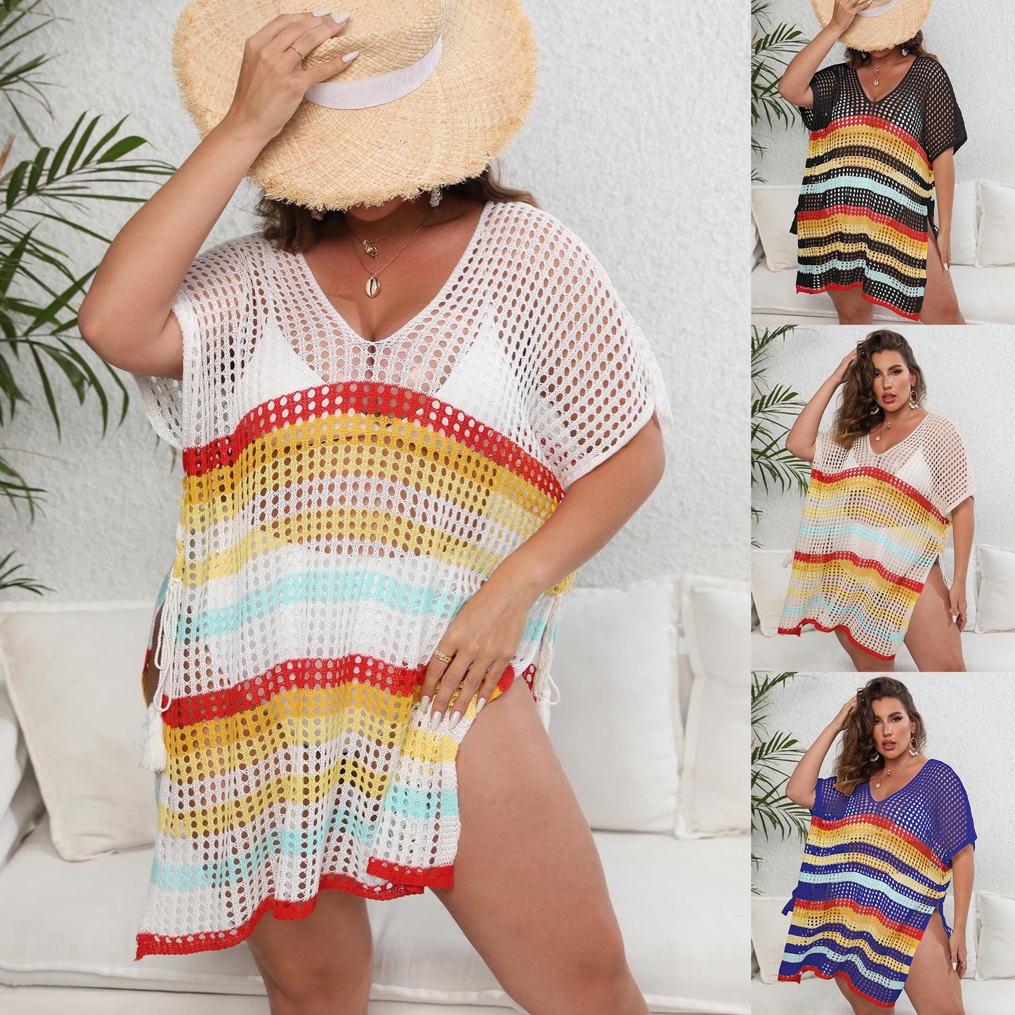 Plus Size Striped Beach Bikini Cover-Up Dress