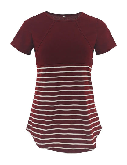 European and American fashion round neck short sleeved breastfeeding T-shirt with striped patchwork parent-child maternity wear - Plus Size Clothing