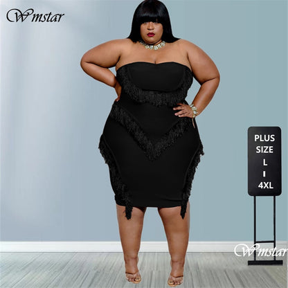 Plus Size Sexy Black Tube Top Fringed Strapless Dress - Plus Size Clothing