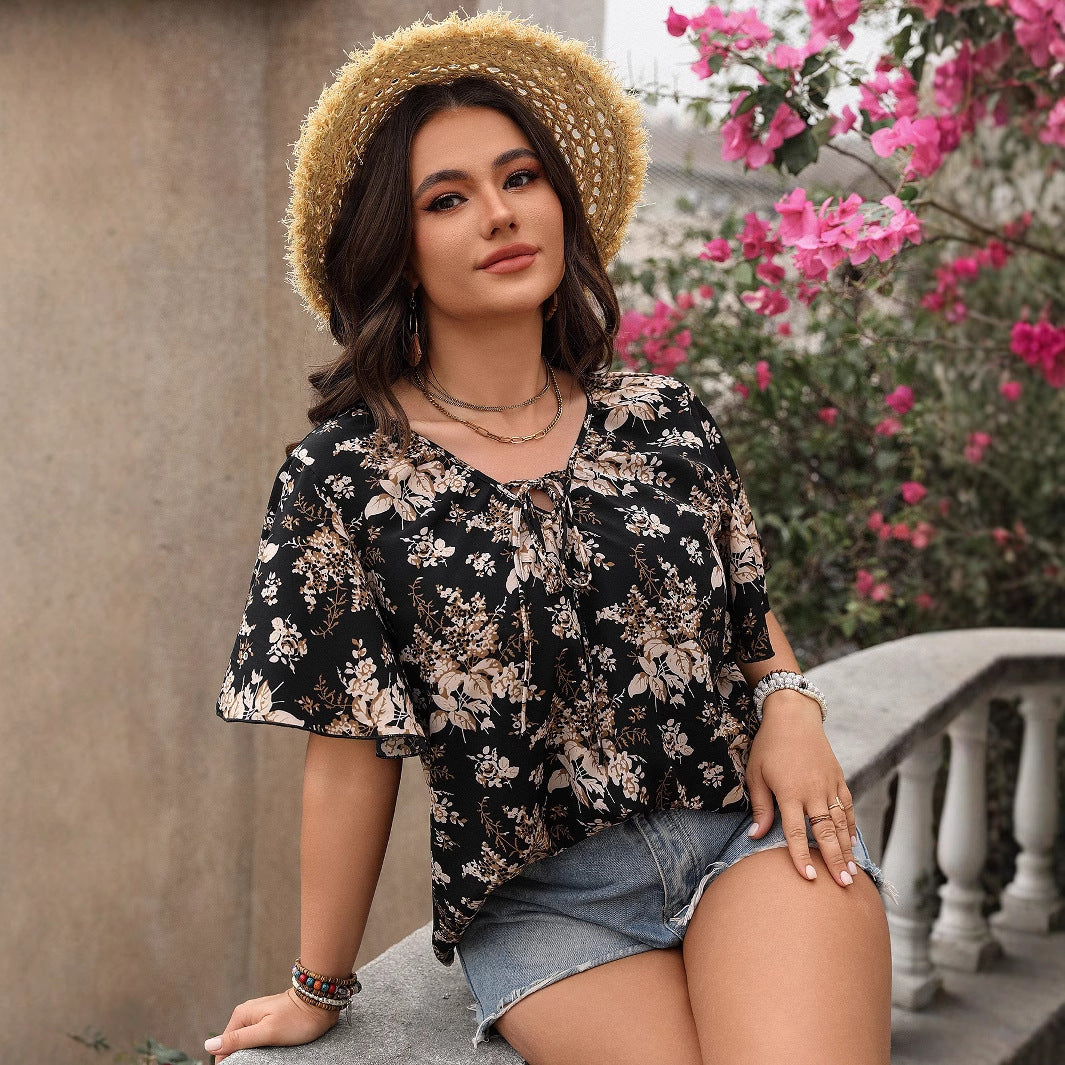 Plus Size Geometric Printed Loose Crew Neck Top