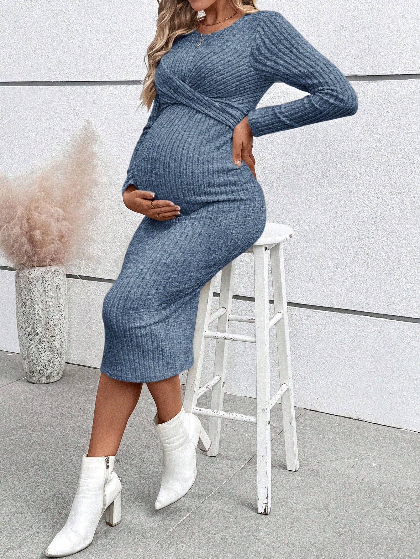 Plus Size Elegant Knot Maternity Dress Long Sleeve