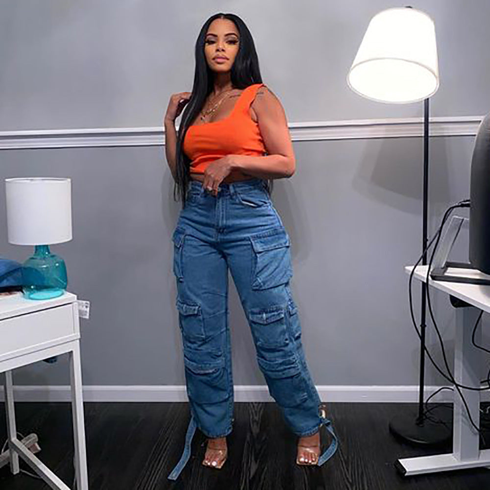 Plus Size Denim Cargo Pants with Multi-Pocket