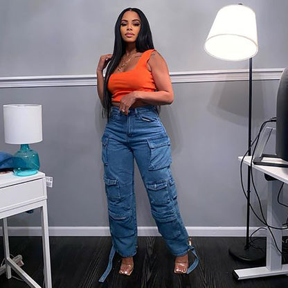 Plus Size Denim Cargo Pants with Multi-Pocket