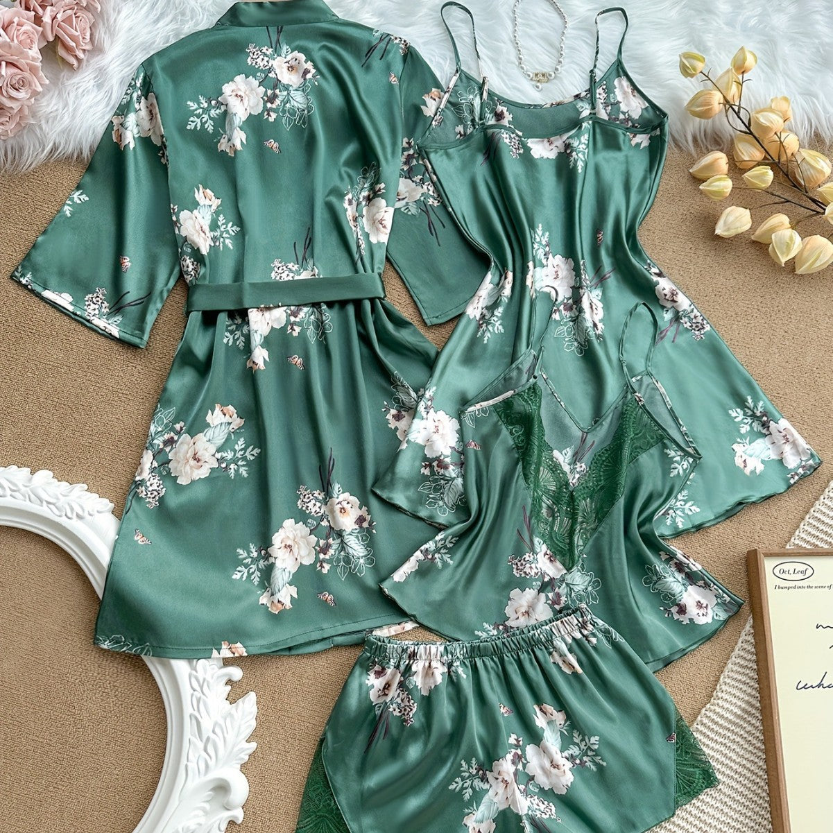 Plus Size Lace Satin 4-Piece Sleepwear Set