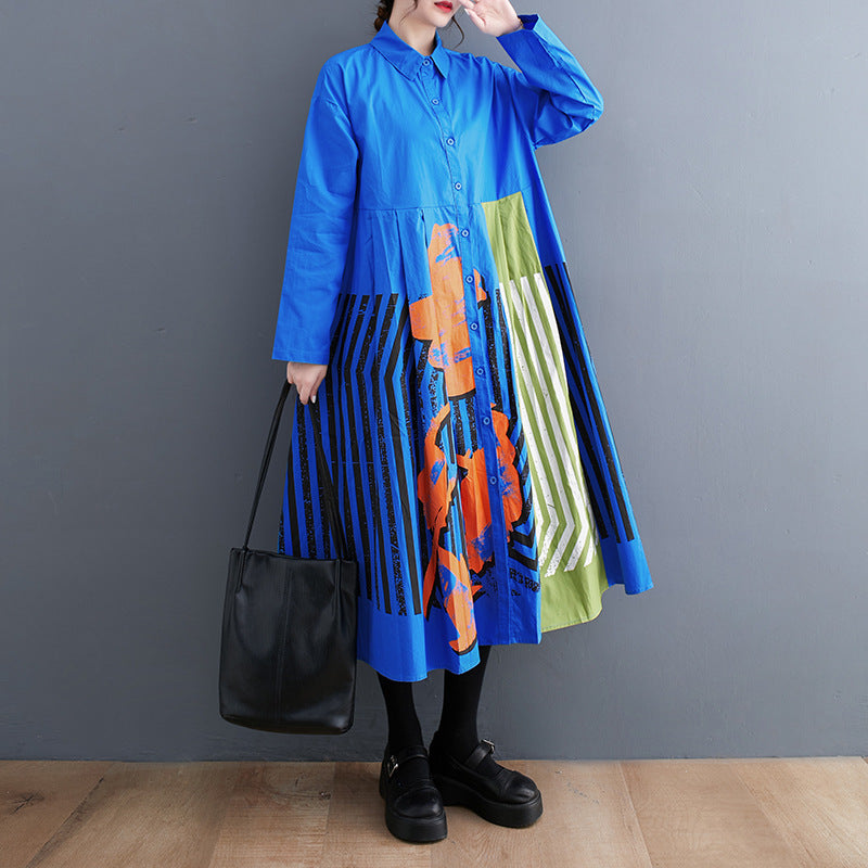Plus Size Casual Loose Printed Patchwork Long Sleeve Dress