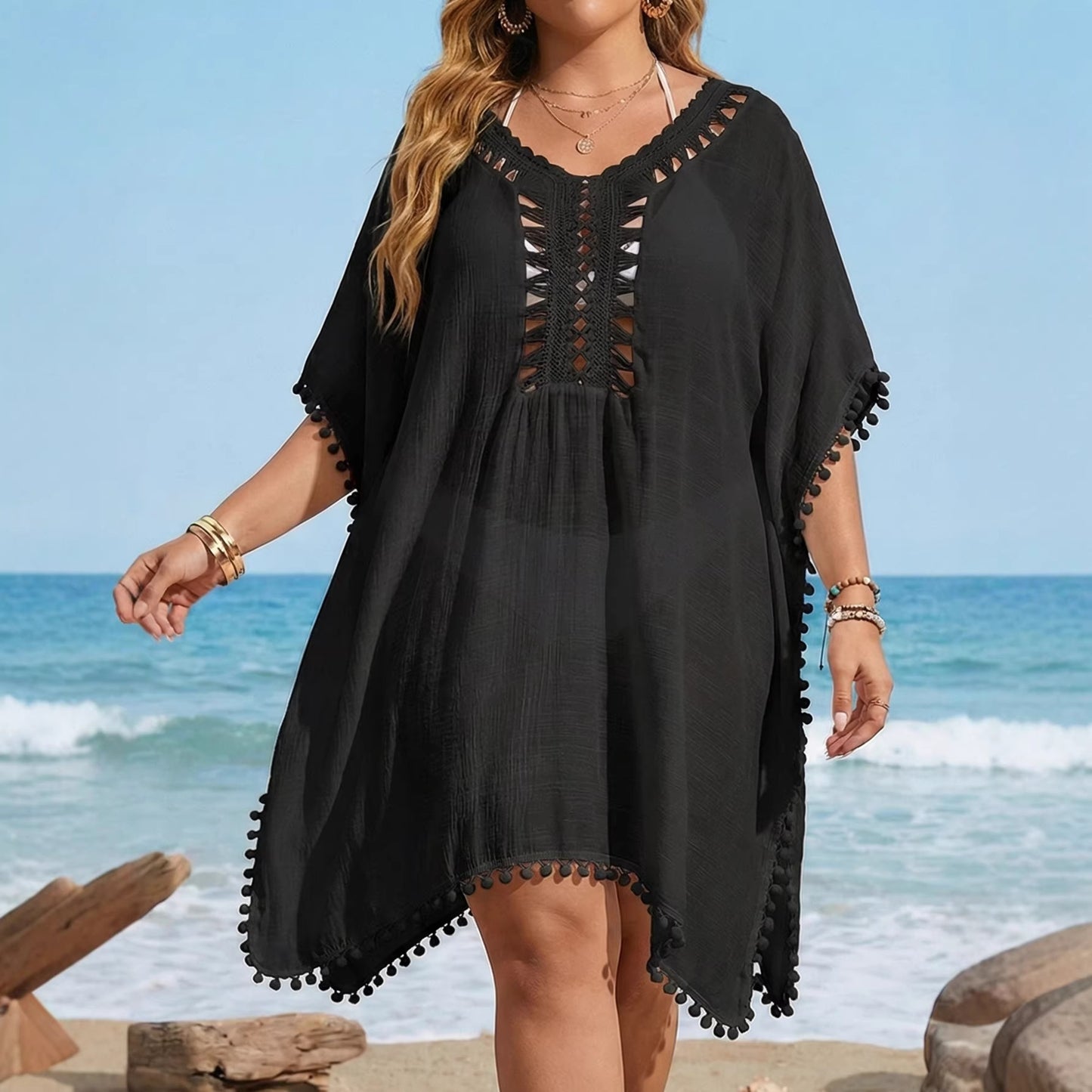 Plus Size Women's Hand-Crocheted Patchwork Split Bikini Outerwear Dress