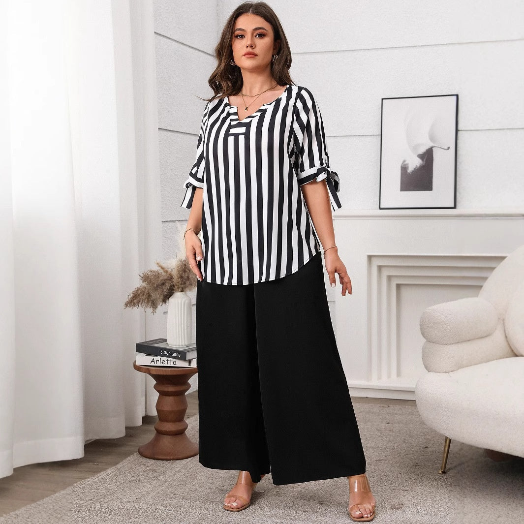 Plus Size Casual Striped Top and Wide Leg Pants Set